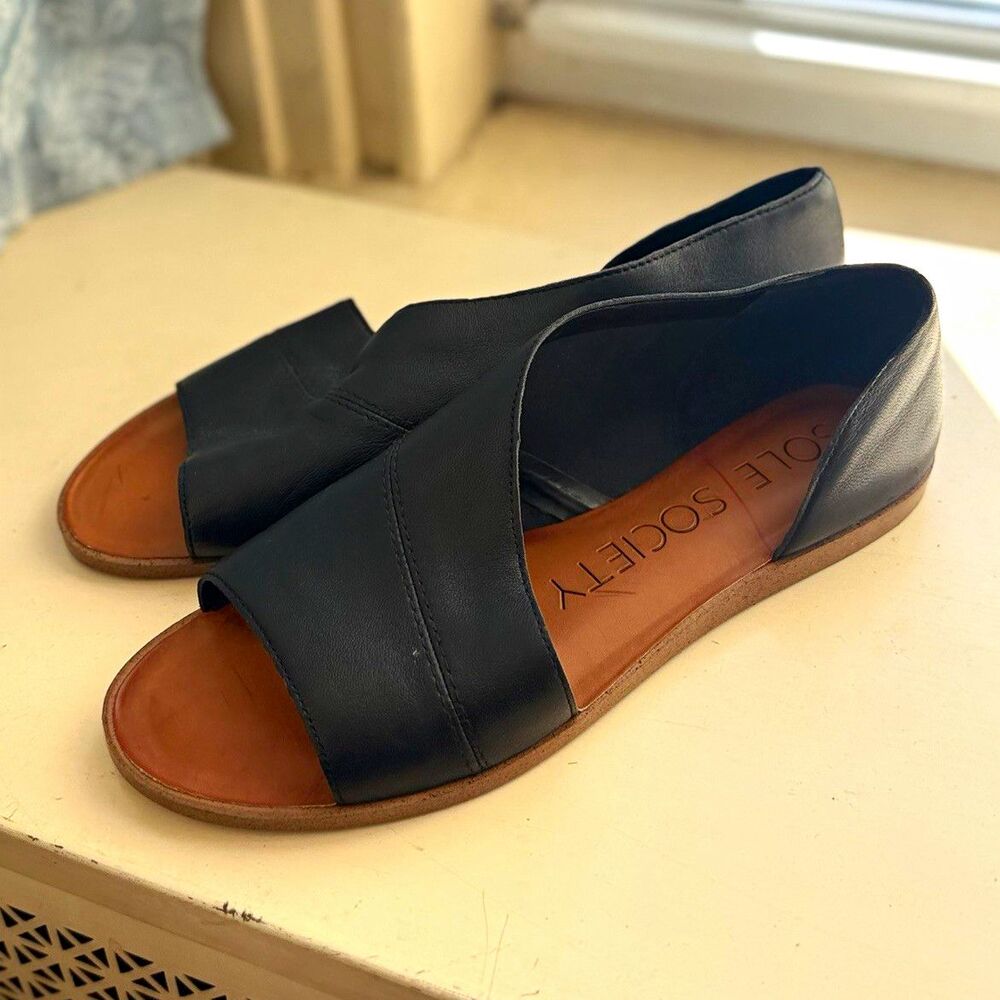 Sole Society Women's Black Open Toe Slip On Flat Sandals Faux Leather US 7